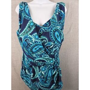 Lands End Slendersuit Bathing Suit 20W One Piece Surplice Swim Front Skirt Blue